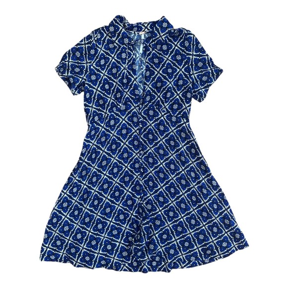 Free People Blue White Geometric Boho Mini Day Dress Button Up Size 0 - Picture 2 of 10